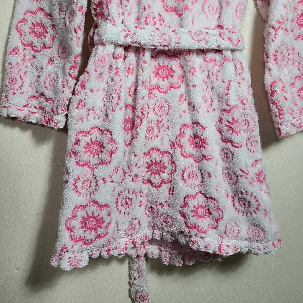 Pink Plush Floral Robe Ruffle‎ Trim L Loungewear Coquette Girly Barbiecore GRWM